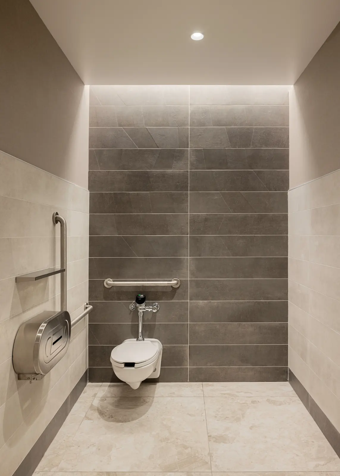 City Hall gender-neutral washroom — Accessible stall with grab bars and integrated lighting